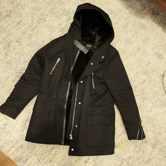 Maje Gafety Faux Fur-Trimmed Cotton-Blend Twill Coat in Black Sz 40 (L) - Picture 2 of 8